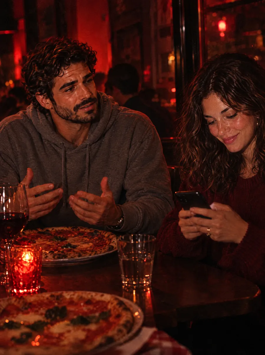 In pizzeria lei sorride al telefono mentre lui le parla