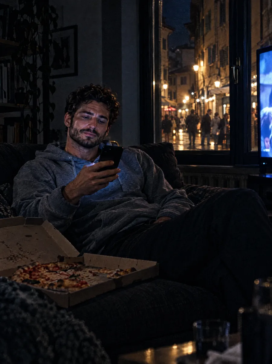 Sabato sera, lui da solo sul divano col telefono